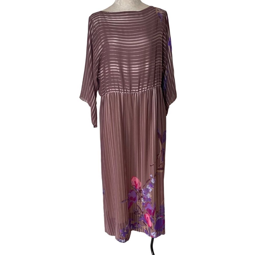 Hanae Mori Vintage 70s Womens Maxi Dress Size 12 Pink Purple Floral Chiffon